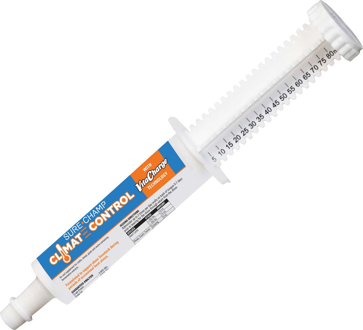 Syringe with 'Sure Champ Climate Control' on a white background