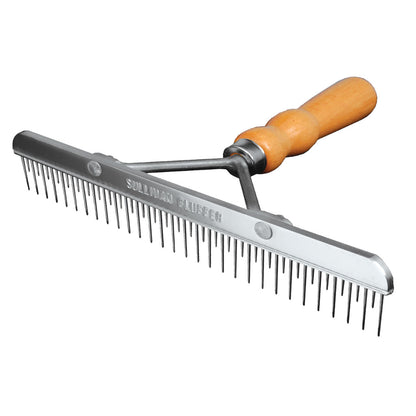 Metal comb with wooden handle on a white background