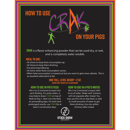 Instructions for using 'CRAK' on pigs with colorful border and text on a black background