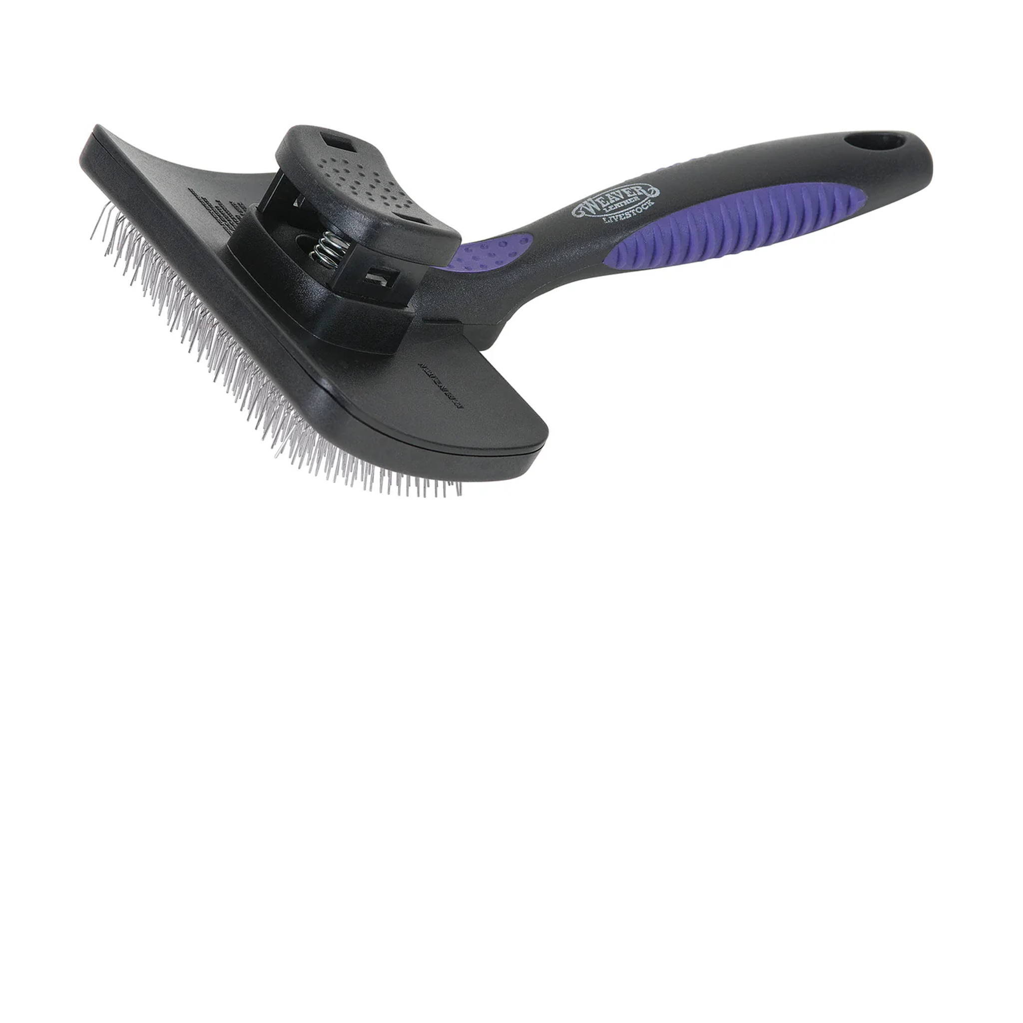 Pet grooming brush with black and purple handle on a white background