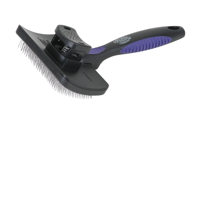 Pet grooming brush with black and purple handle on a white background