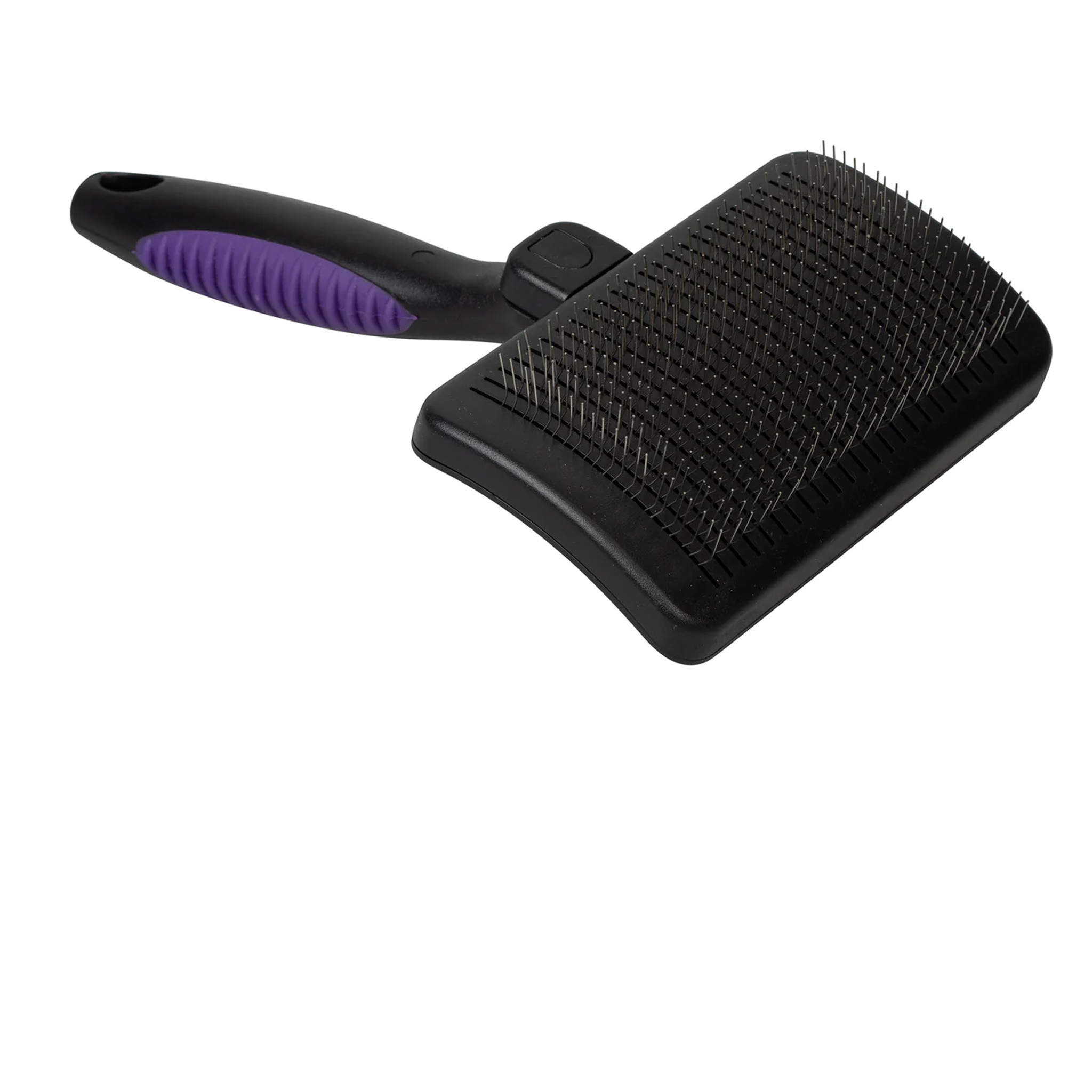Black pet grooming brush with purple handle on a white background