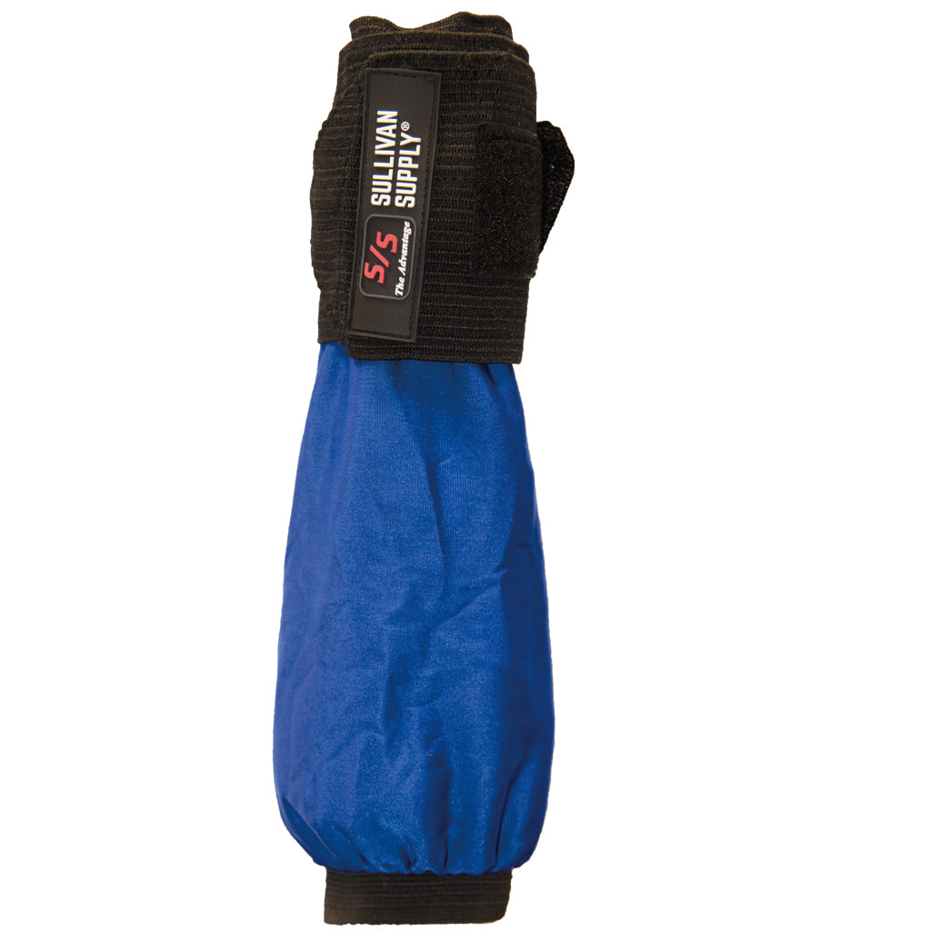 Blue glove with black wrist wrap on a white background
