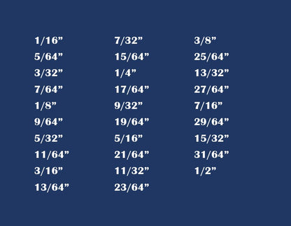 Measurement chart with fractions of an inch on a blue background