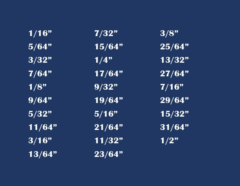 Measurement chart with fractions of an inch on a blue background