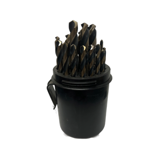Set of drill bits in a black holder on a white background
