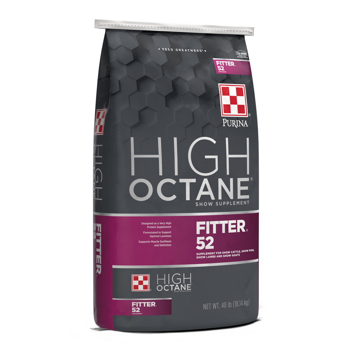 Bag of Purina High Octane Fitter 52 show supplement on a white background