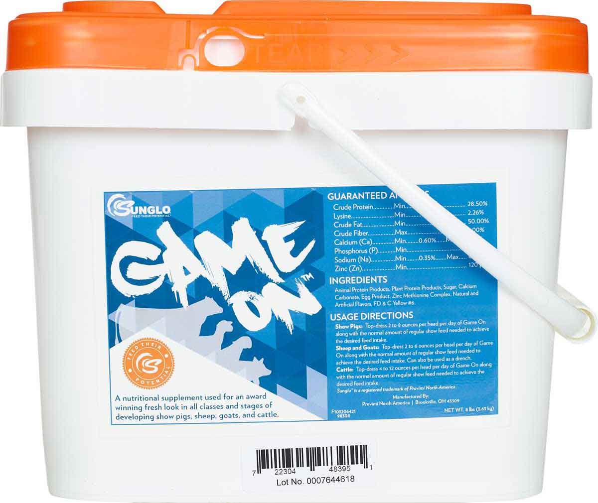 White bucket of Sunglo Game On with orange lid on white background