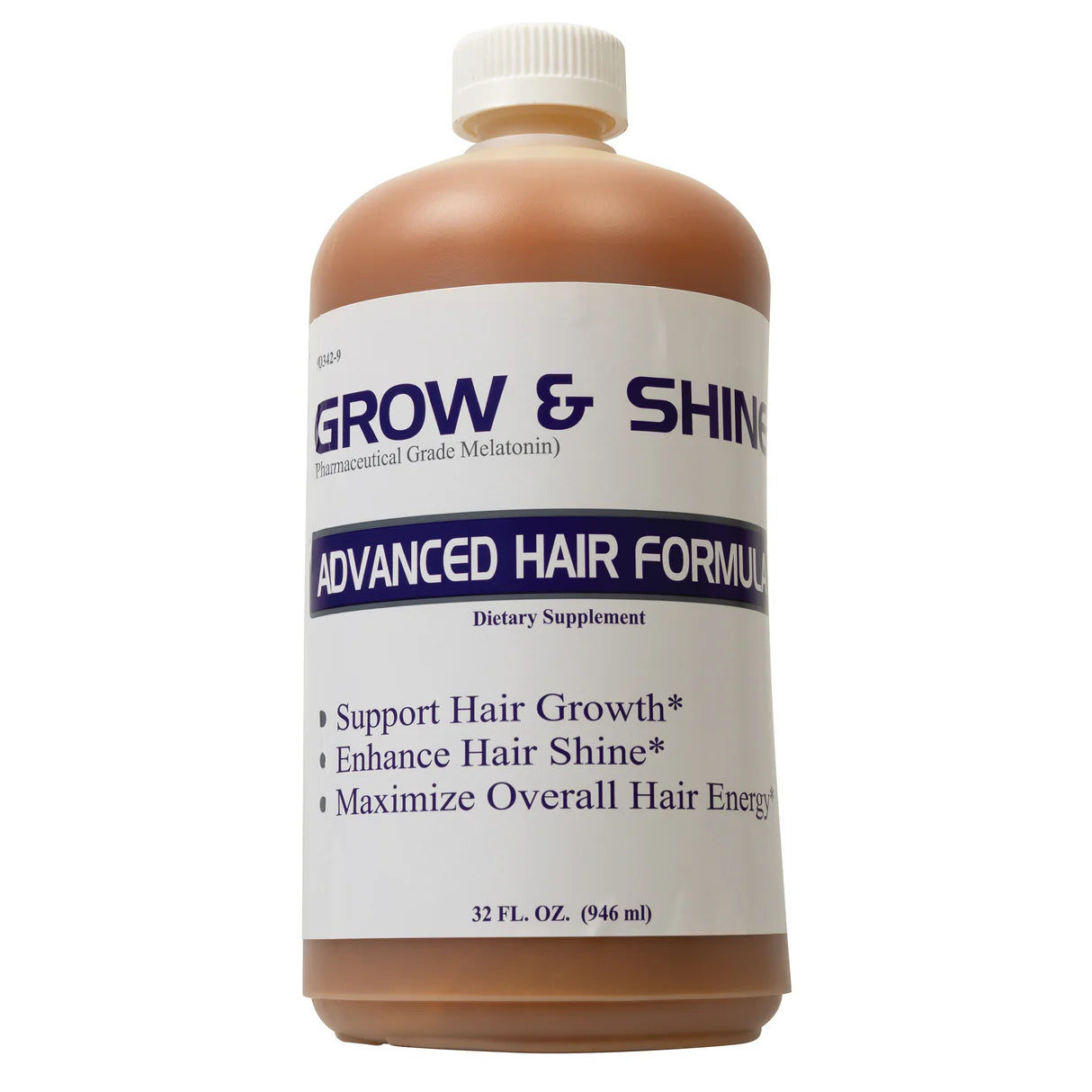 Bottle of 'Grow & Shine' Advanced Hair Formula dietary supplement on a white background