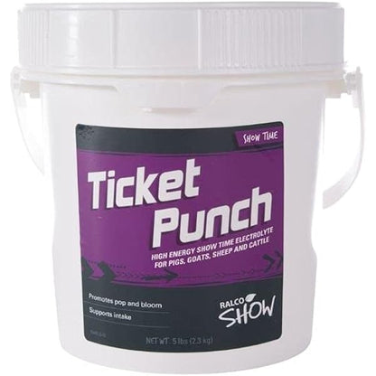 White container with purple label for 'Ticket Punch' electrolyte supplement on a white background