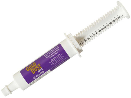Syringe of Gold Dust with a purple and gold label on a white background