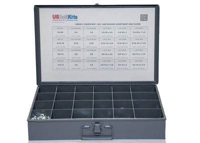 Gray metal box with compartments and a chart on the lid, featuring US Bolt Kits branding.