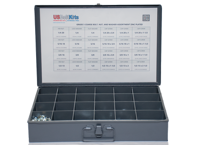 Gray metal box with compartments and a chart on the lid, featuring US Bolt Kits branding.