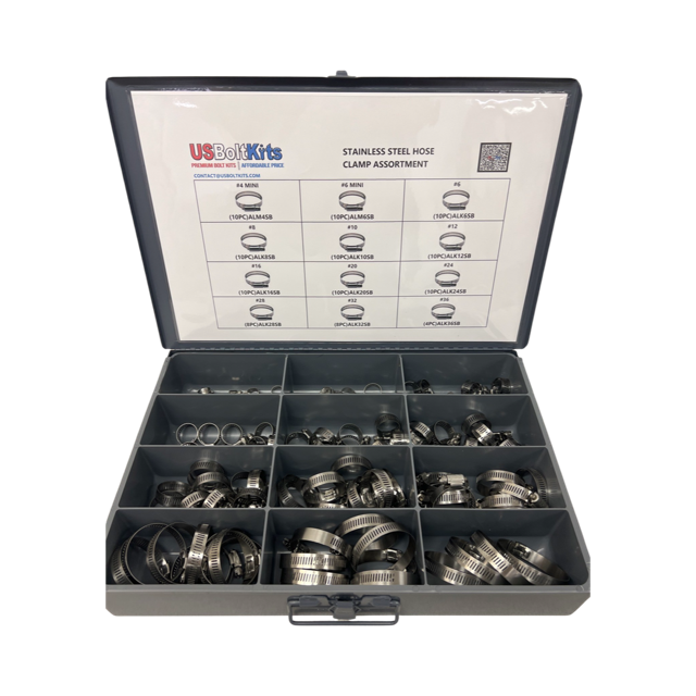 Set of stainless steel hose clamps in a US Belt Kits branded case on a white background