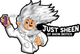 Cartoon character with white hair and a lab coat holding a spray bottle, with 'Just Sheen by Show Biotics' text.