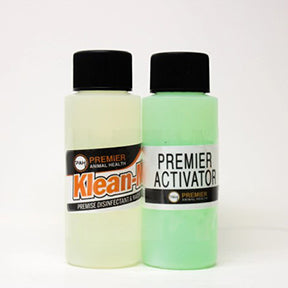 Two bottles of Klean-It and Premier Activator on a white background