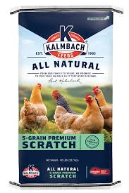 Kalm Bach 5-Grain Premium Scratch for chickens on a blue background