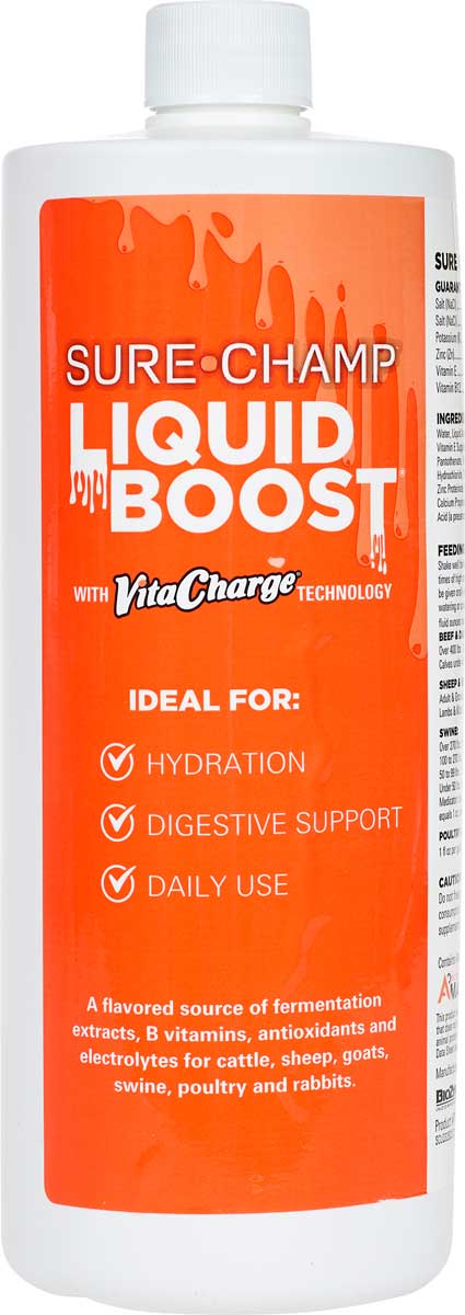 Sure-Champ Liquid Boost bottle with orange label on a white background