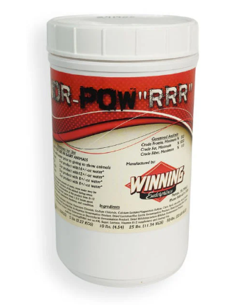 White container with red label featuring MOR Pow RRR' branding on a white background