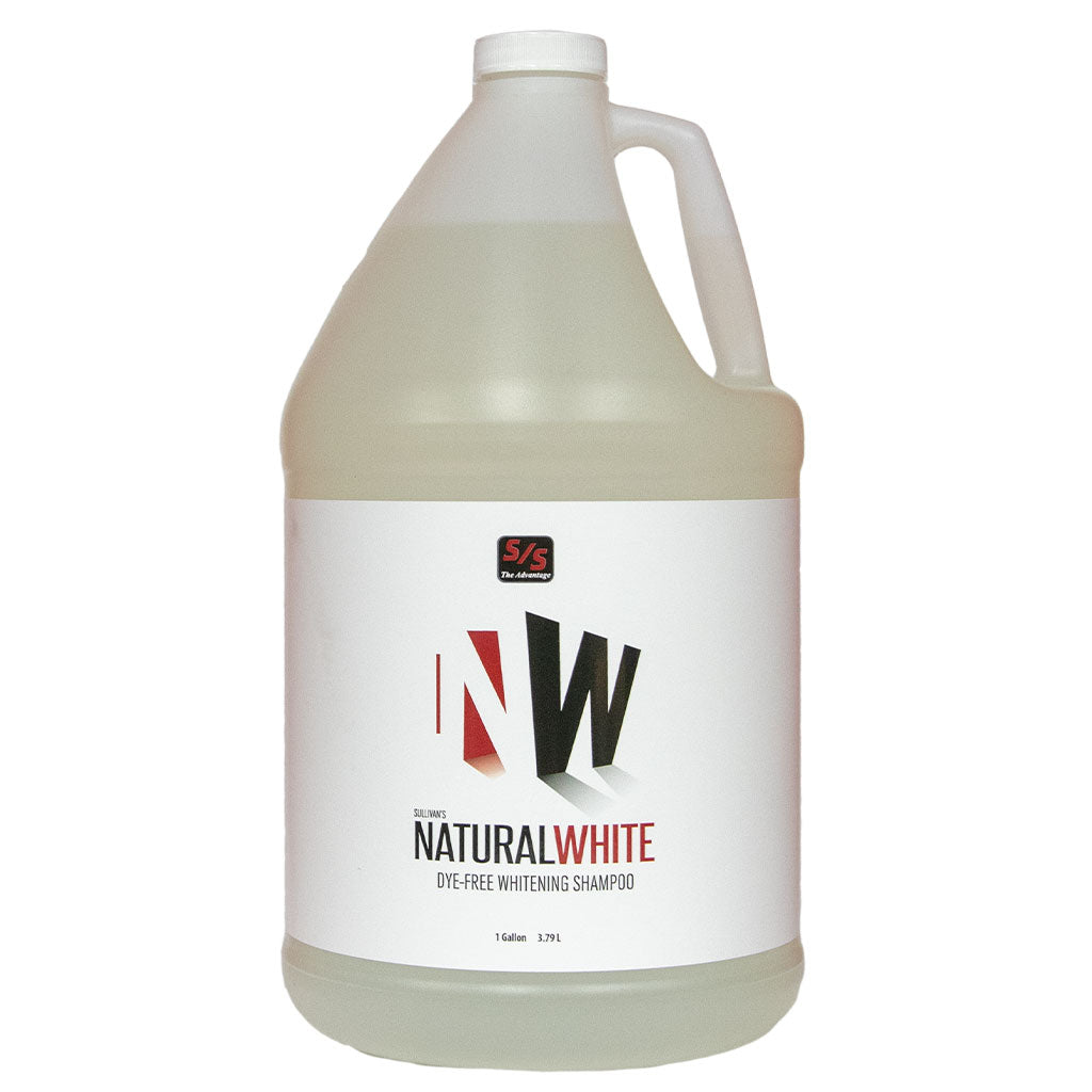Gallon bottle of Natural White shampoo with a white background