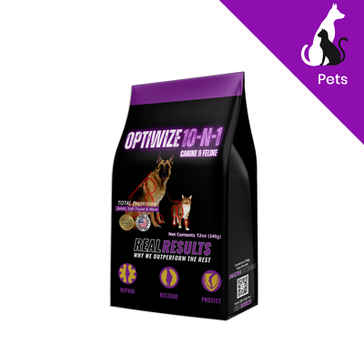 A bag of Optivize 10-N-1 dog and cat food on a white background with a purple corner banner showing a cat and dog silhouette and the word 'Pets'. The bag is black with purple and white text and graphics, featuring photos of a dog and a cat on the front.