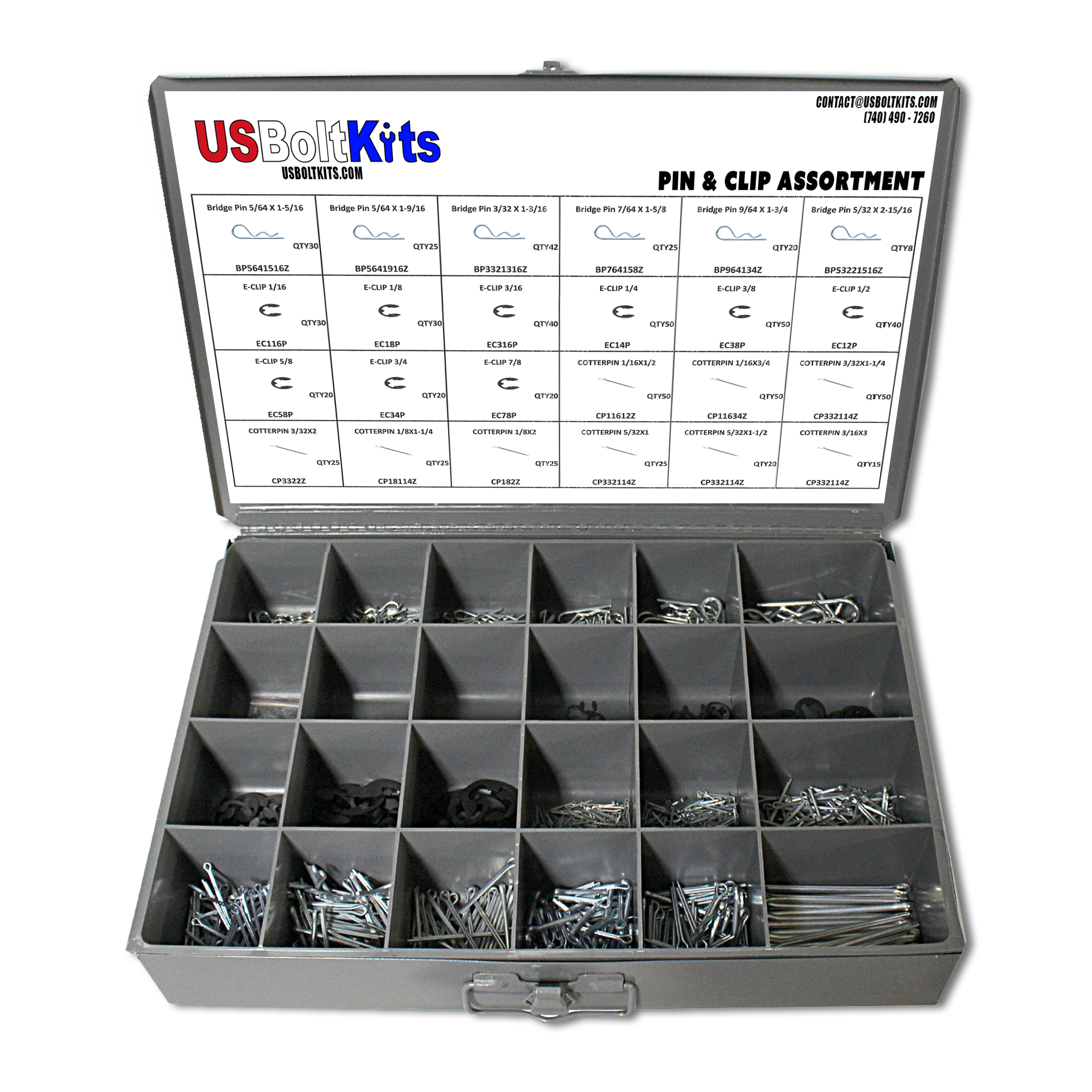 US Bolt Kits pin and clip assortment box with labeled compartments on a white background