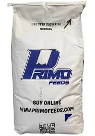 Primo Feed bag with branding and website information on a white background
