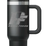 Black travel mug with Primo Feeds logo on a black background