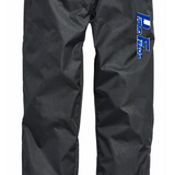 Black pants with a blue patch on the pocket against a white background