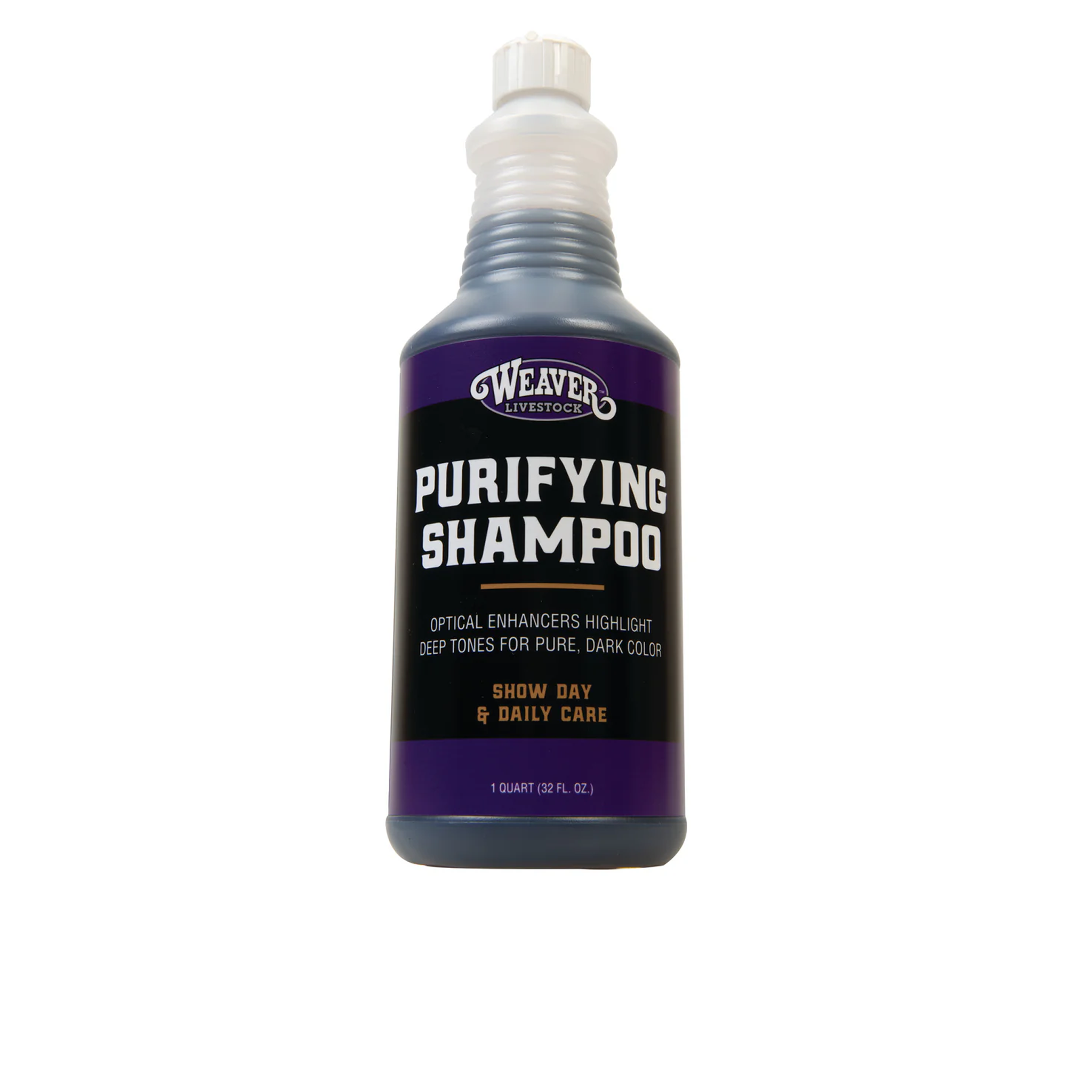 Bottle of Weaver Livestock Purifying Shampoo on a white background