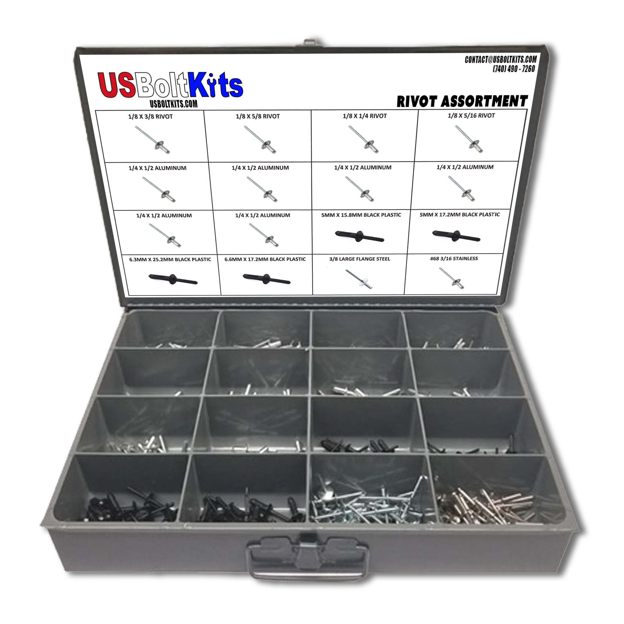 US Bolt Kits rivet assortment box with labeled compartments on a white background