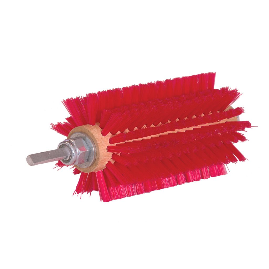 Red cleaning brush with a metal shaft on a white background