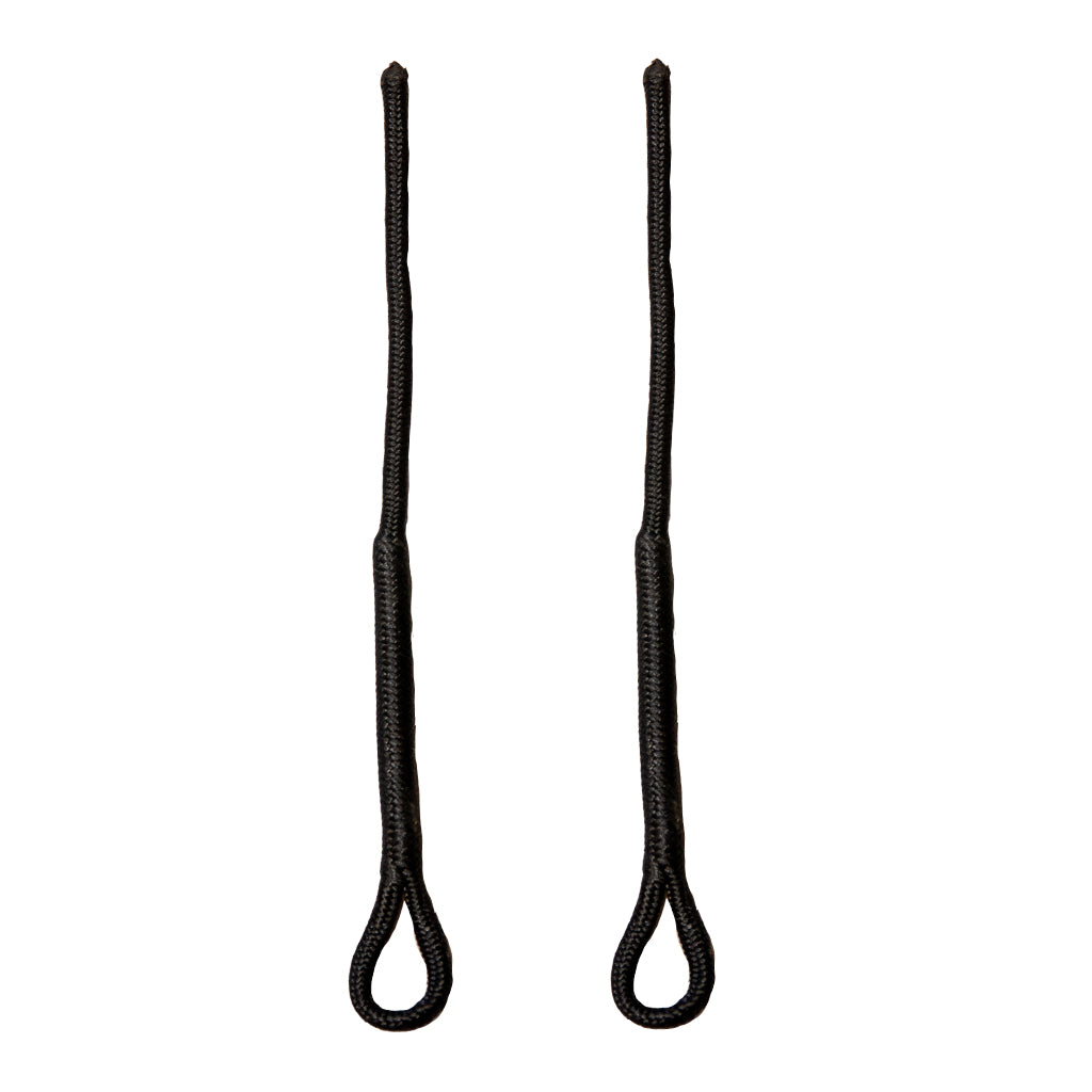 Two black whip tips with eyelets on a white background