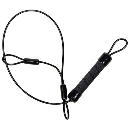 Black lanyard with a metal clip on a white background