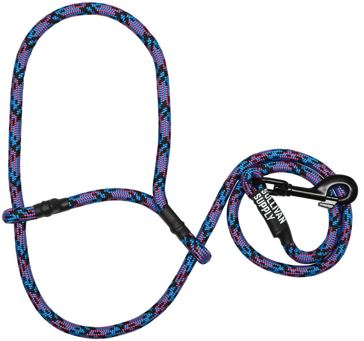 Multicolored dog leash with a black clip on a white background