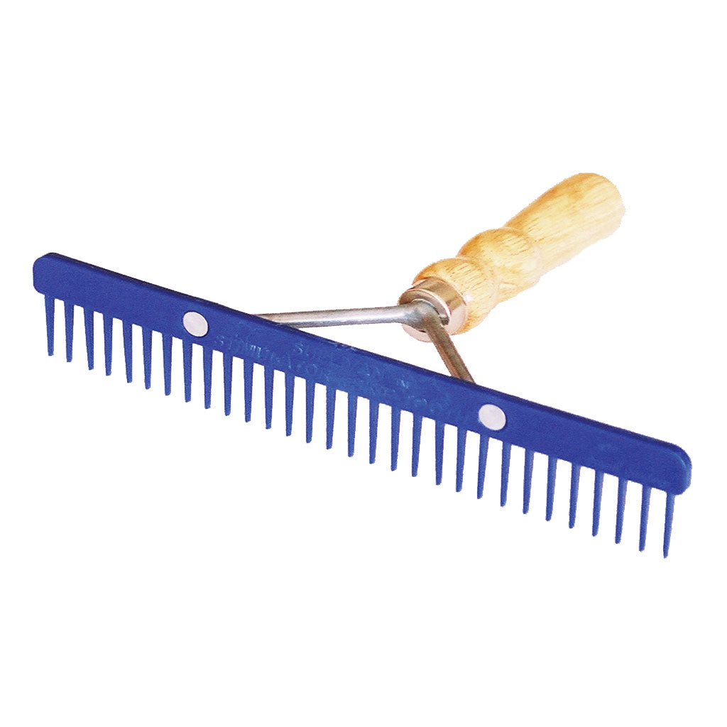Blue garden rake with wooden handle on a white background