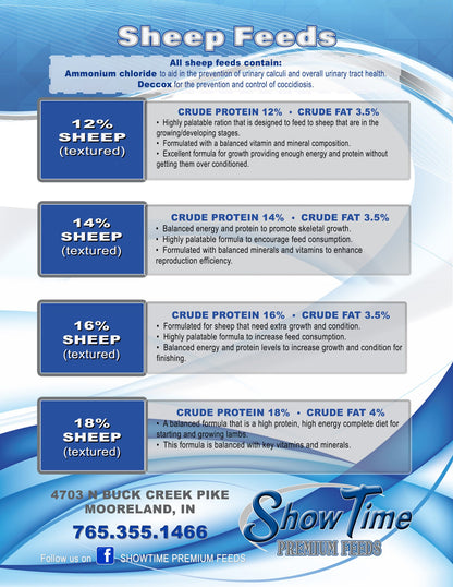 Sheep feeds product information sheet with different protein and fat percentages, featuring Show Time Premium Feeds branding.
