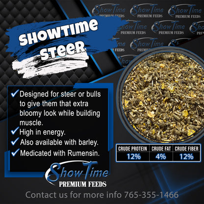 ShowTime Premium Feeds steer supplement with product details on a dark background