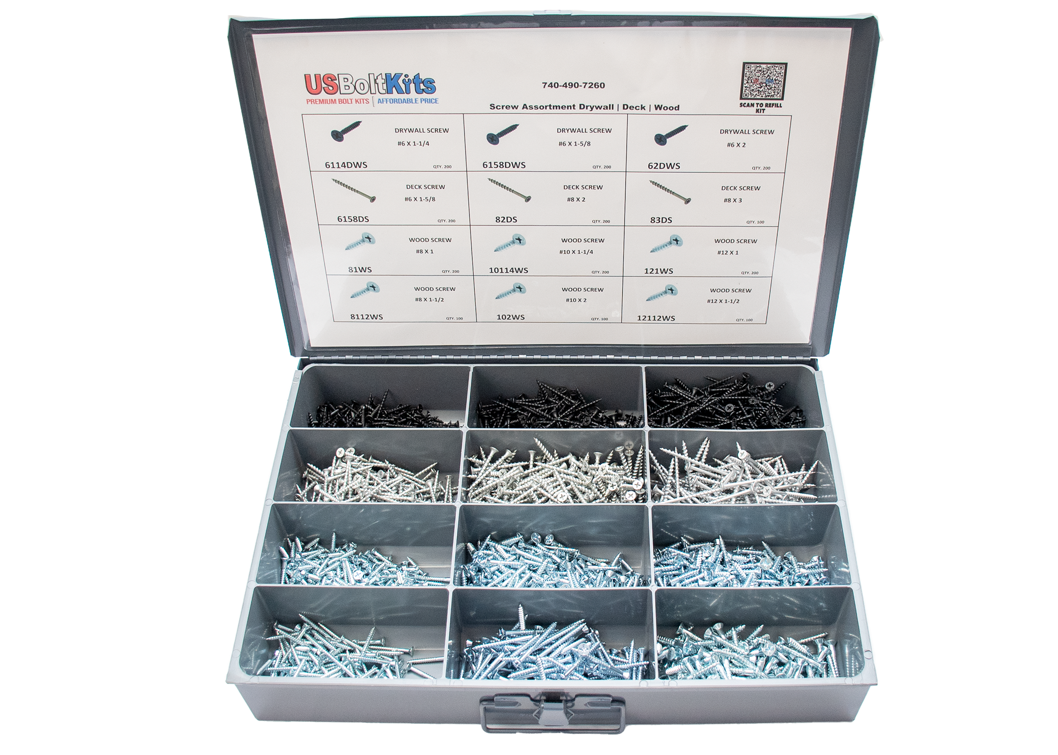 US Bolt Kits screw assortment set with labeled compartments on a white background