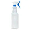 Clear spray bottle with blue nozzle on a white background