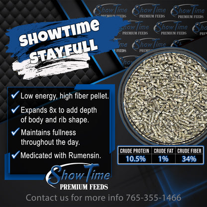 ShowTime StayFull feed product with text and specifications on a dark background