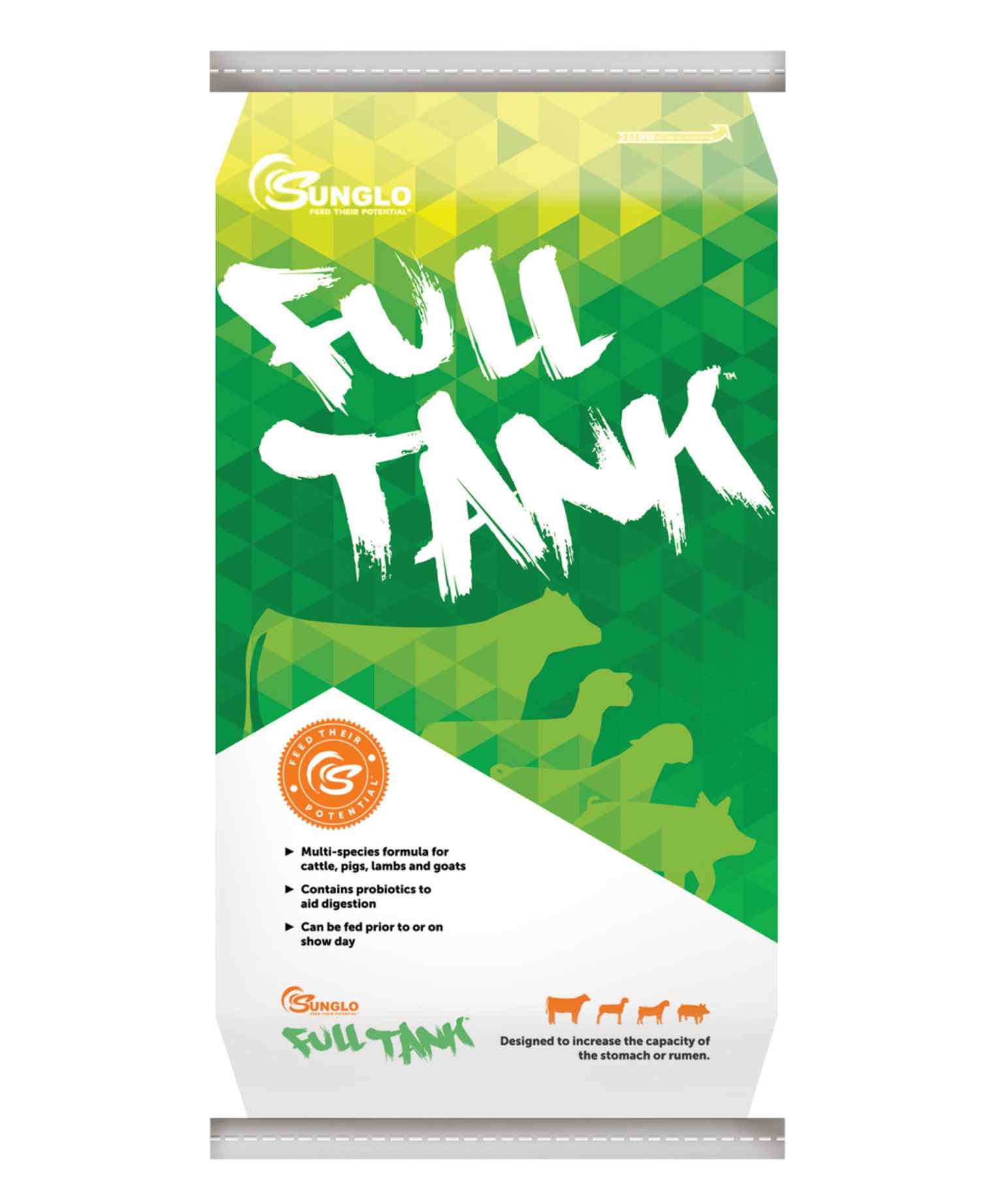 SunGold Full Tank livestock food packaging with green and white design