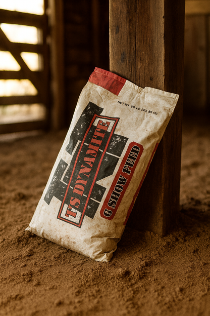 Bag of pig feed leaning against a wooden post in a barn.
