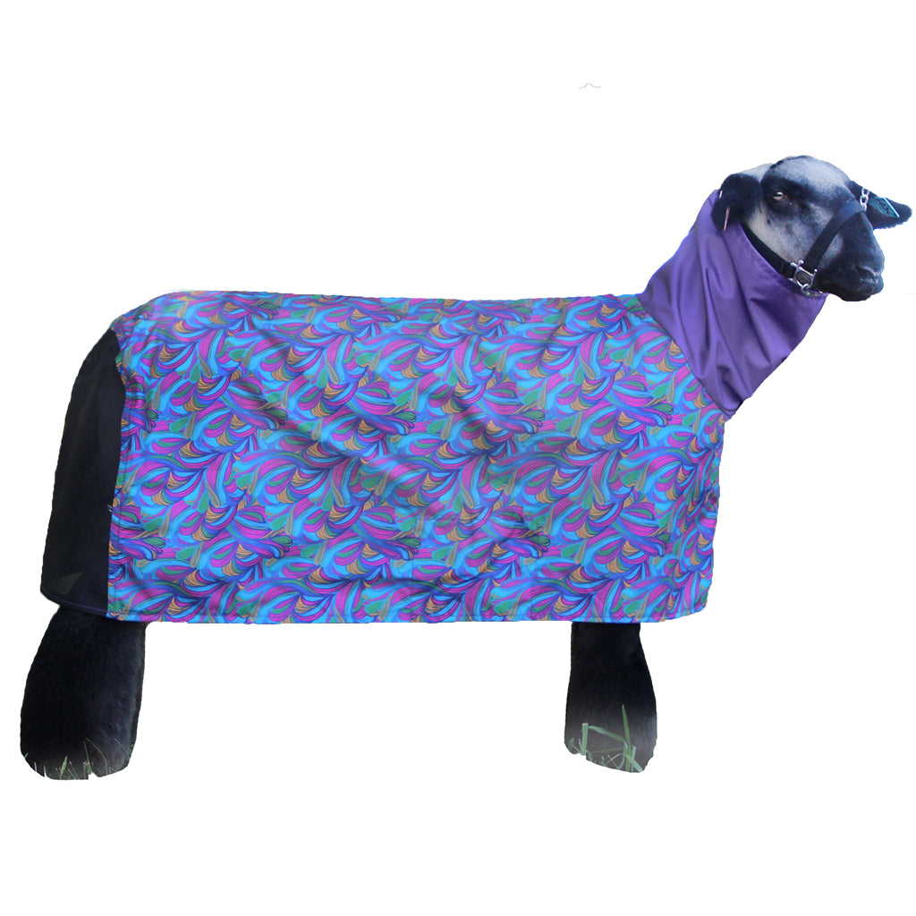 Sheep wearing a colorful raincoat on a white background