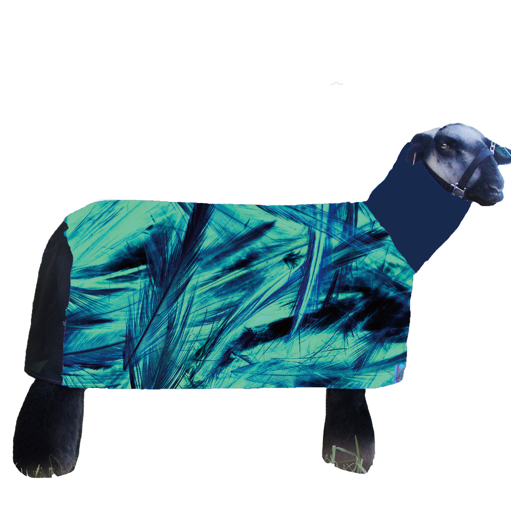 A dog coat or blanket shown on a sheep-shaped mannequin against a plain white background. The main visible product area has an abstract brushstroke pattern in turquoise, teal, and dark blue, while the neck, legs, and side panels are solid dark navy/black.