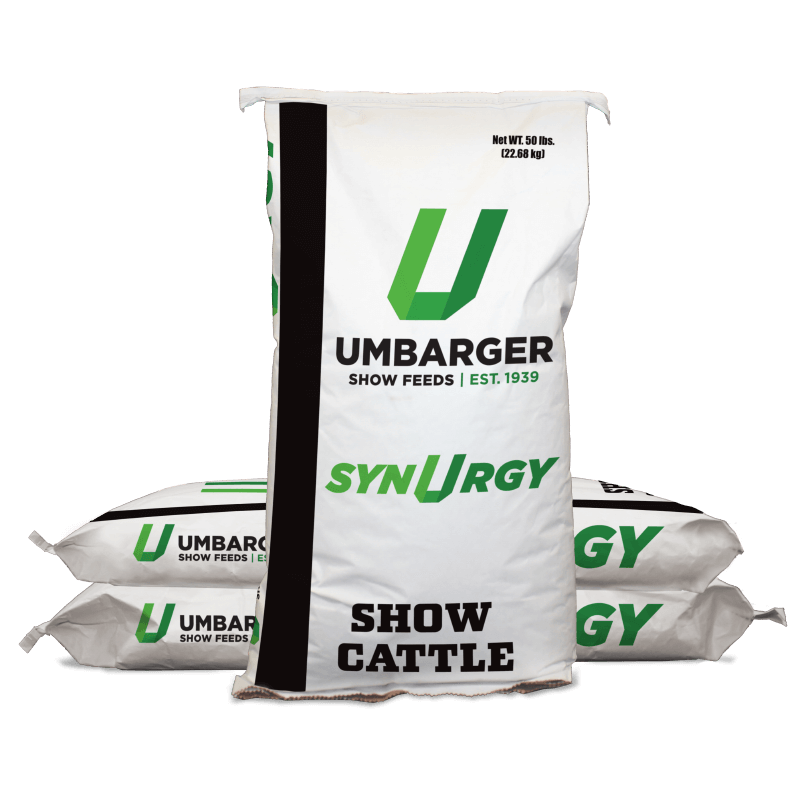 Umbarger Show Feeds SynUrgy Show Cattle feed bags on a black background