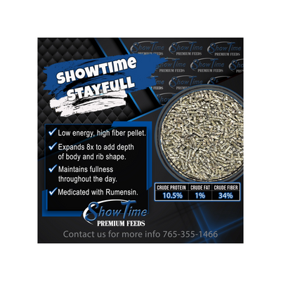 Showtime Stayfull feed product packaging with text and specifications.