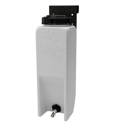 White water container with black lid and spigot on a white background