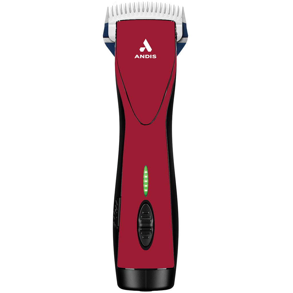 Red and black Andis hair clipper on a white background
