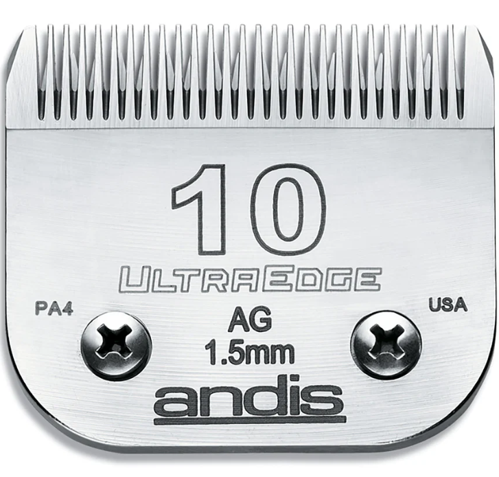 Andis UltraEdge hair clipper blade with size 10 and specifications on a white background